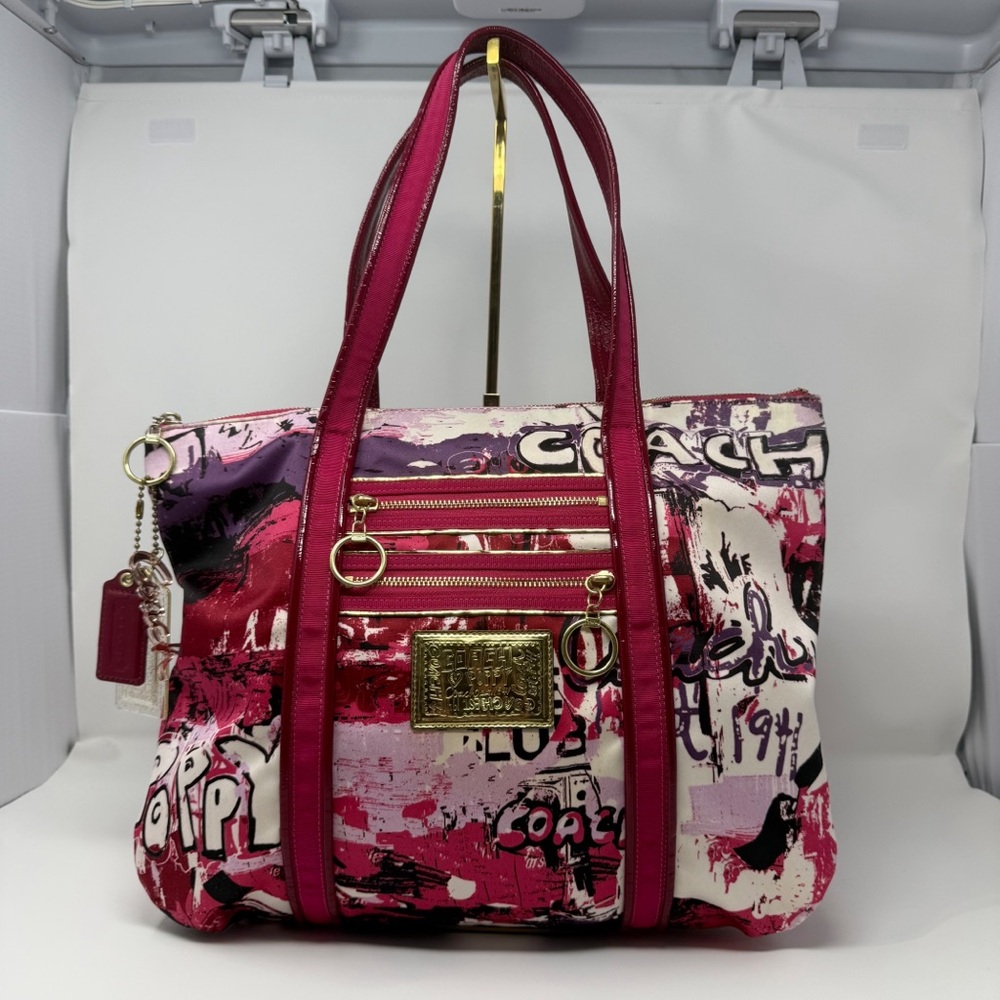 Coach Poppy Graffiti Tote Bag Pink Red Canvas Leather Trim Large Shoulder Bag - Picture 16 of 16